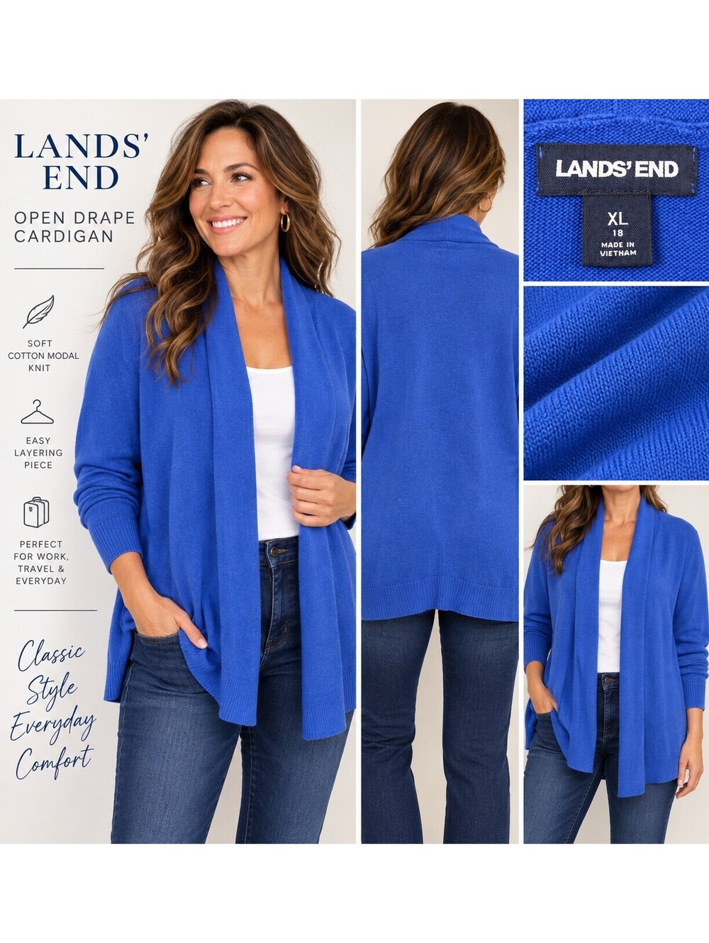 Lands' End Cobalt Blue Draped Cardigan XL